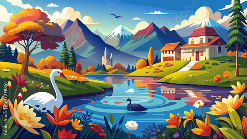 Vector scenic landscape with swans, house, mountains and lake