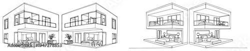 Modern house exterior and bedroom interior views with glass balconies in line art style
