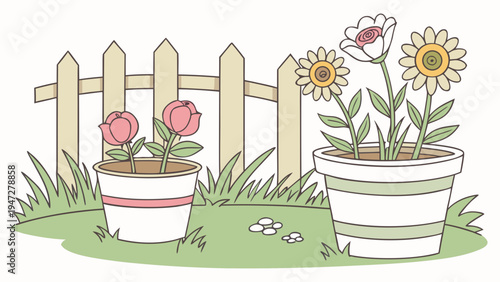 Set of 2 garden flower pots with fence vector illustration