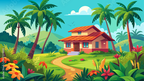 Vector illustration of a tropical house with palm trees and garden