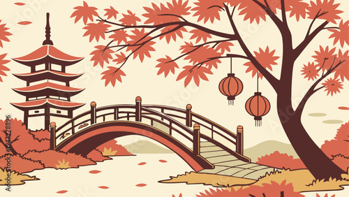 Vector illustration of Asian pagoda, bridge, and lanterns in autumn