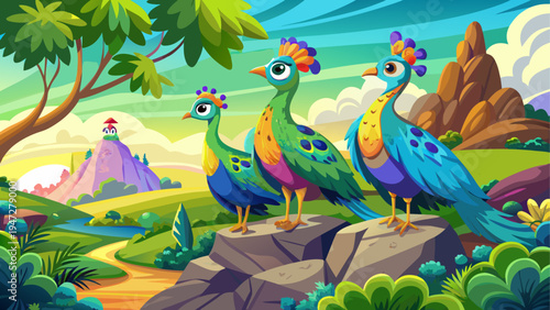 Vector illustration of 3 colorful birds on a rock in a landscape
