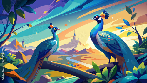 Vector illustration of two peacocks in a colorful landscape