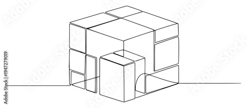 Abstract geometric composition of interconnected cubes and blocks in continuous line art style