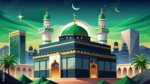 Vector illustration of a mosque with green dome and minarets