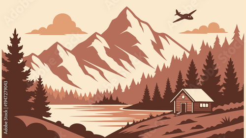 Vector illustration of cabin by lake with mountains and forest landscape