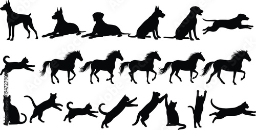 Animal silhouettes collection, dogs, horses, cats vector illustration, diverse pet poses design for movement, posture, activity inspiration