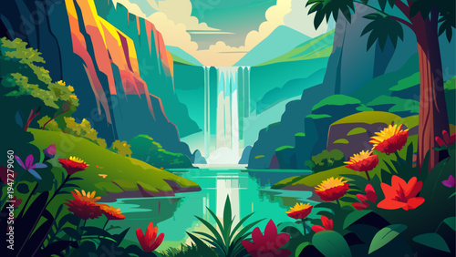Vector tropical jungle landscape with waterfall and colorful flowers