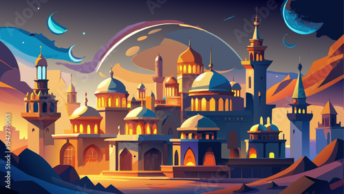 Vector illustration of a fantasy Middle Eastern cityscape at sunset