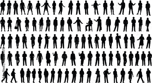 Black silhouettes of people vector illustration showing diverse standing and walking postures, gestures, casual and business attire, isolated decorative design