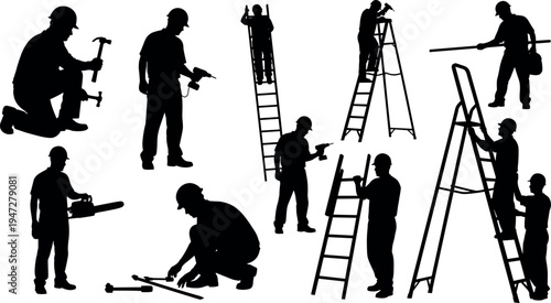 Construction worker silhouette vector illustration with tools, hammering, drilling, measuring, ladder tasks, minimal black design, industrial labor artwork