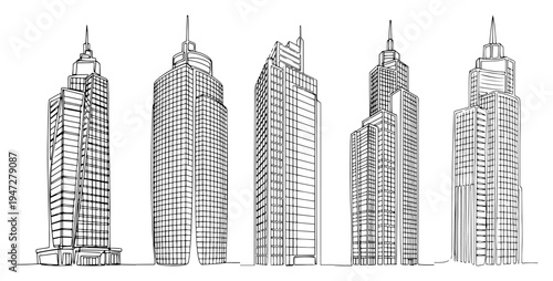 Modern skyscrapers and tall office towers for city skyline in continuous line art style
