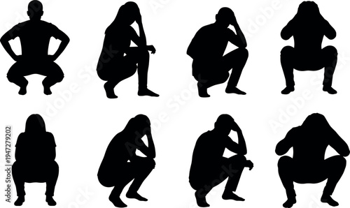 Black silhouette people squatting and crouching poses, human posture figures, movement study artwork, lifestyle illustration vector design