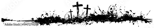 Cemetery crosses on a hill with dramatic ink splatters and grunge textures in expressive ink style