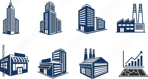 Collection of modern city and industrial building icons