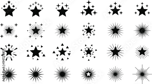 Black starburst icons, decorative star vector illustration, sparkling star shapes, geometric burst symbols, abstract star design, graphic elements for creative projects
