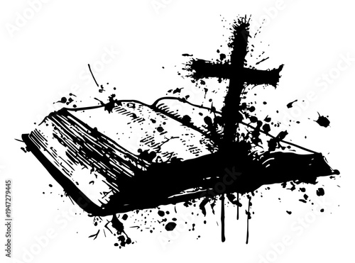 Open holy bible with christian cross and grungy ink splatters style