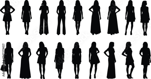 Female silhouette illustration showing diverse fashion styles, dresses, skirts, pants, handbags, standing poses, elegance, confidence, posture, clothing, accessories, modern design