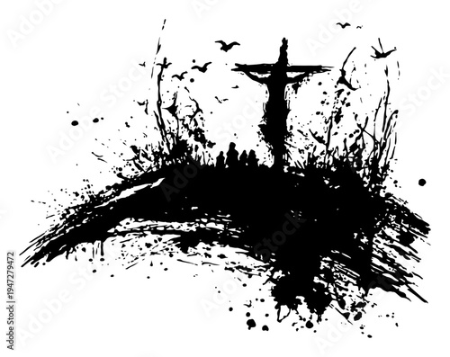 Three crosses on calvary hill with ink splatters and artistic grunge style