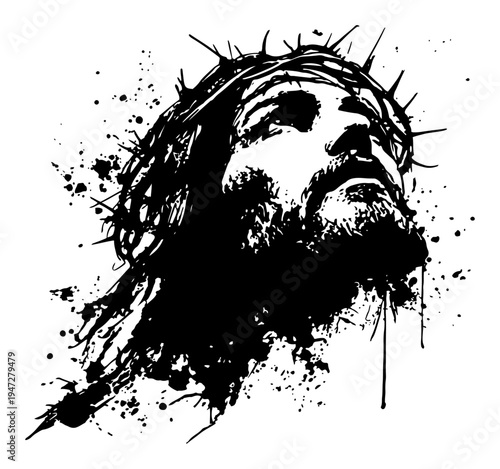 Jesus Christ portrait with crown of thorns and artistic ink splatters style