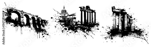 Ancient ruins with columns and aqueduct in grunge ink splatter style