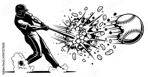 Dynamic baseball player hitting the ball with an explosive power effect in high contrast style