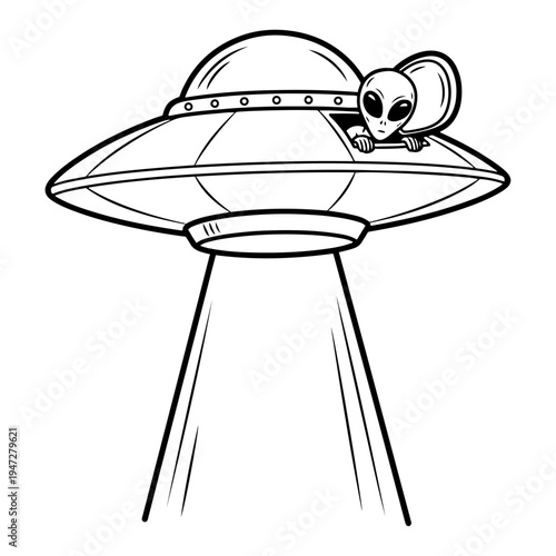 UFO flying saucer with light beam and curious alien peeking from the top in clean line art style