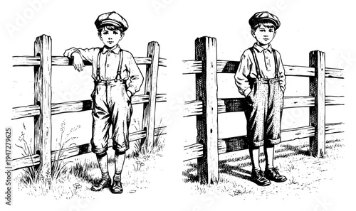 Vintage style portrait of a young boy leaning against a wooden fence in classic sketch style