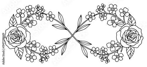 Infinity symbol formed by blooming roses and delicate flowers in floral line art style
