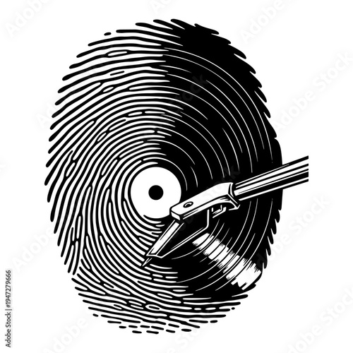 Vinyl record needle playing fingerprint grooves in artistic black and white engraving style