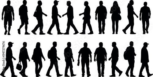 Black silhouette people walking in diverse postures, backpacks, handbags, human movement figures, pedestrian lifestyle artwork, gait study illustration vector