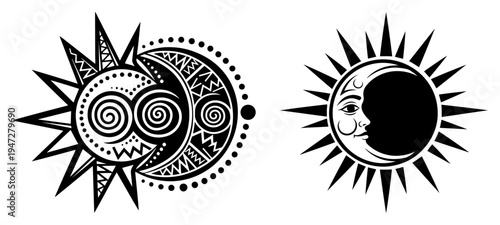 Celestial sun and crescent moon symbols with ethnic ornaments in tribal black and white style