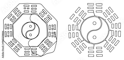 Yin Yang symbol surrounded by eight Ba Gua trigrams in minimalist line art style
