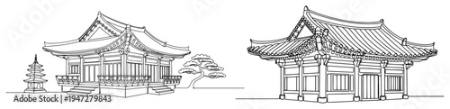 Traditional East Asian house architecture with bonsai tree and pagoda in minimalist continuous line art style
