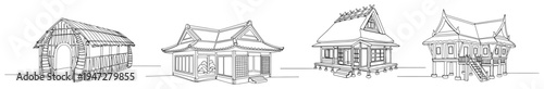 Stilt houses and traditional wooden pavilions in minimalist continuous line art style