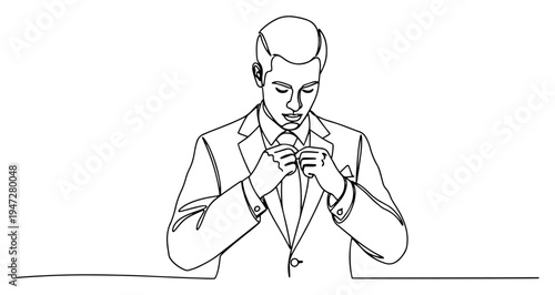 Groom adjusting necktie and wearing wedding suit in continuous line art style