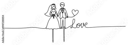 Bride and groom holding hands with heart and love text in continuous line art style