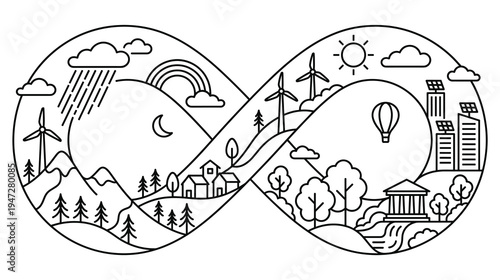 Infinity loop line art showing sustainable environment and city life