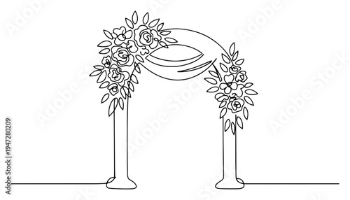 Wedding arch decorated with flowers for marriage ceremony in minimalist continuous line art style