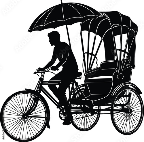 Black silhouette person riding cycle rickshaw with three wheels, covered passenger seat, umbrella shade, traditional Asian transport vector illustration