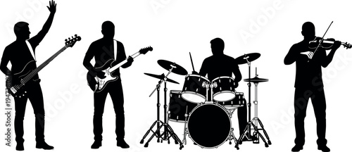 Band silhouette vector illustration, bass guitar, electric guitar, drums, violin, diverse musical ensemble artwork, creative performance background
