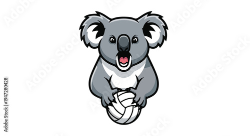 A cartoon koala holding a volleyball against a clean white background with a cheerful mood.