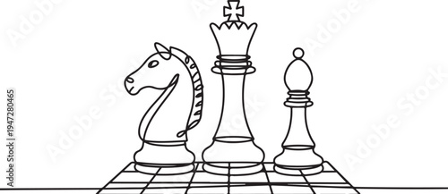 Chess pieces knight king bishop on board outline Keywords: chess, chess pieces, knight, king
