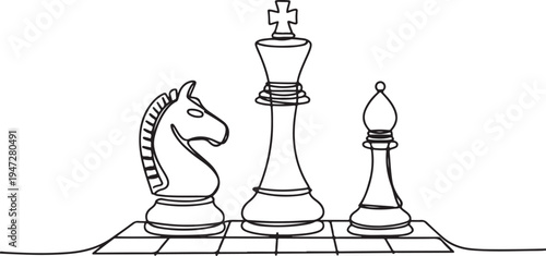Chess pieces king bishop knight on board outline Keywords: chess, chess pieces, king, bishop
