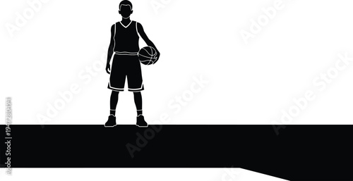 Basketball never stops silhouette illustration, motivational sports poster design, athlete holding ball, inspiring vector artwork for enthusiasts