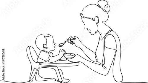 Mother feeding baby in high chair continuous line drawing