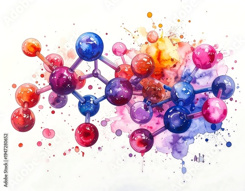 Watercolor illustration of a molecular structure with spheres connected by lines and colorful splashes