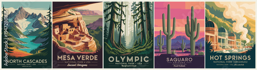 Five vintage travel posters evoke nostalgic wanderlust. Mountains, canyons, forests, cacti, and hot springs frame each scene. Colors pulse with warm, inviting tones and soft, dreamy skies