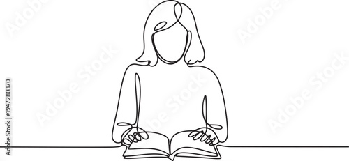 Woman reading a book in continuous line drawing style