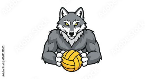 Illustration of a muscular cartoon wolf holding a yellow volleyball on a white background with a strong and competitive mood.